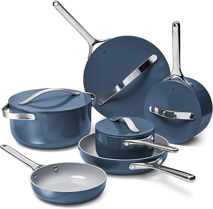 Caraway Deluxe Non-stick Ceramic Cookware Set (16 Piece) Pots, Frying Pans, Lids and Kitchen Storage - PFAS & PFOA Free - Oven Safe Pan Set & Compatible with All Stovetops - Navy
