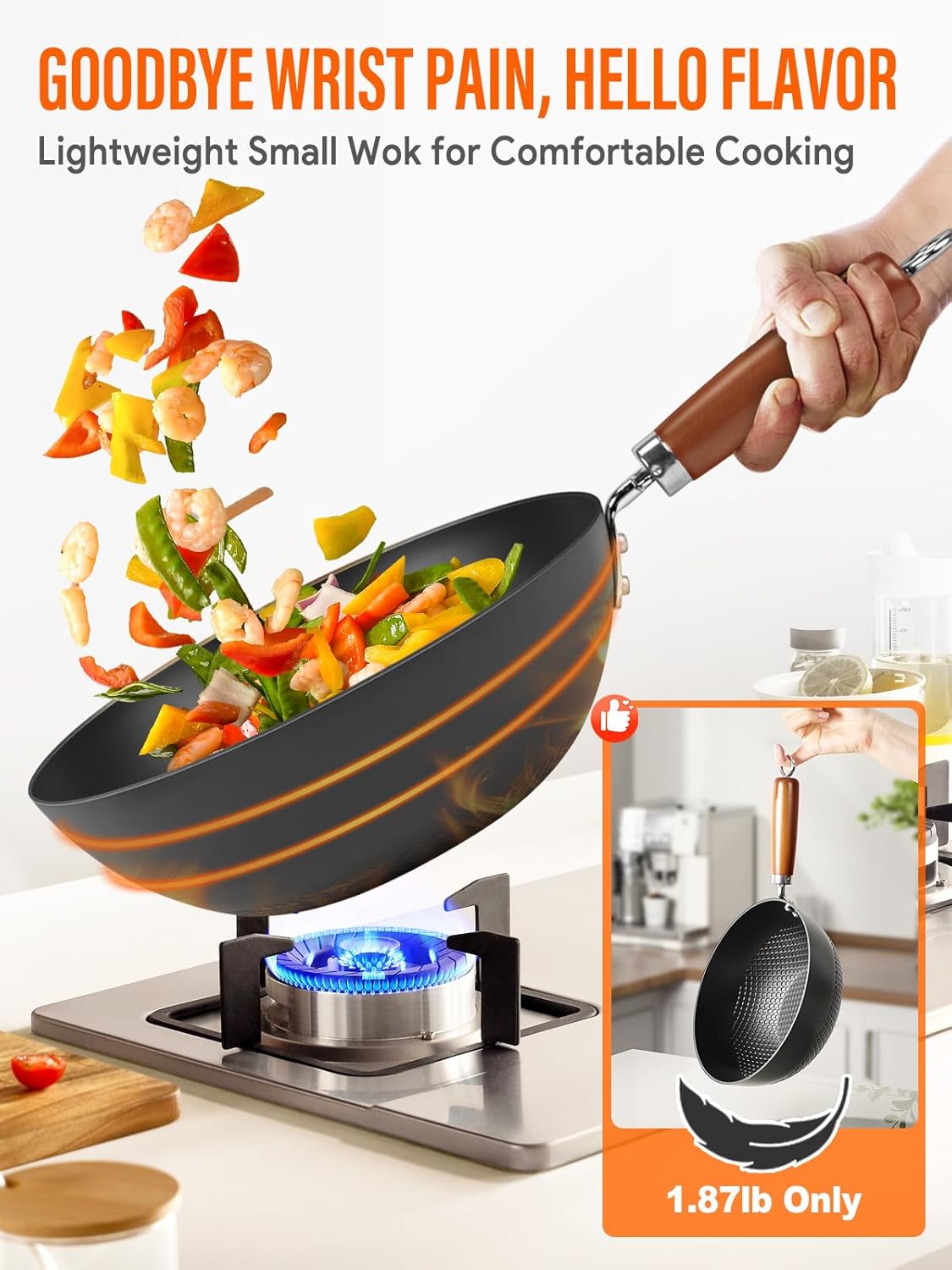 Carbon Steel Wok Pan, 10.5" Authentic Chinese Stir-Fry Pans Set with Glass Lid, 1.87lb Lightweight Flat Bottom Small Wok for 2-3 Servings