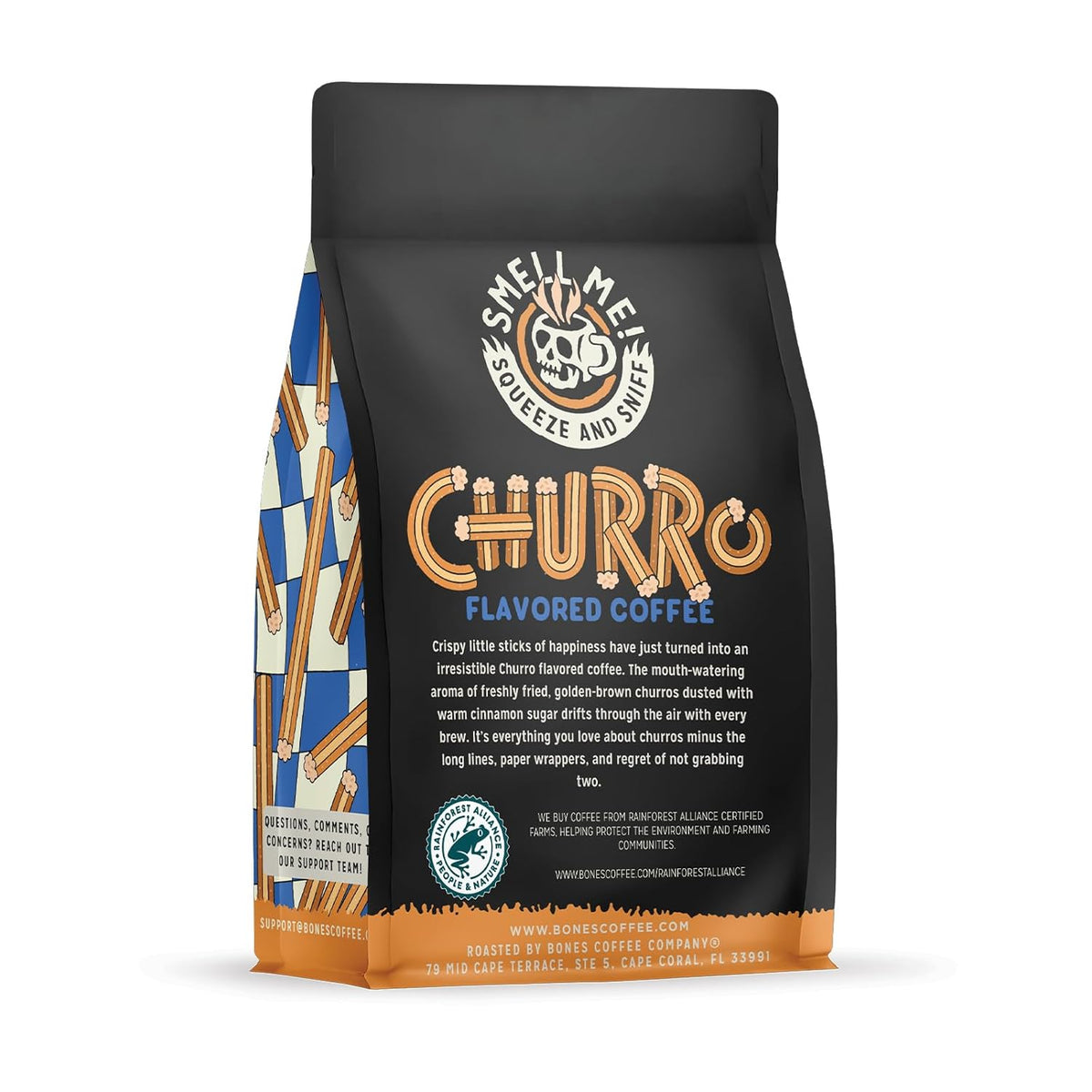 Bones Coffee Company Churro, Sweet Sugary Cinnamon Flavored Coffee, Medium Roast Low Acid Arabica Beans Compatible with Auto drip and French Press Coffee Maker, 12 Oz Whole Bean