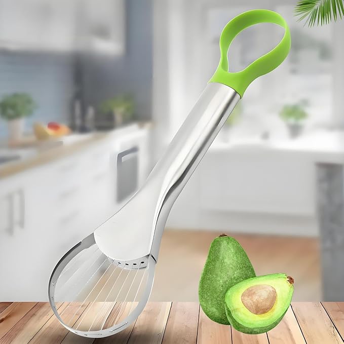 3-in-1 Avocado Slicer Tool, Emptycolor Stainless Steel Avocado Cutter, Pitter & Peeler, Multi-Function Avocado Tool for Slicing, Scooping, and Pit Removal, Kitchen Gadget with Green Plastic Handle