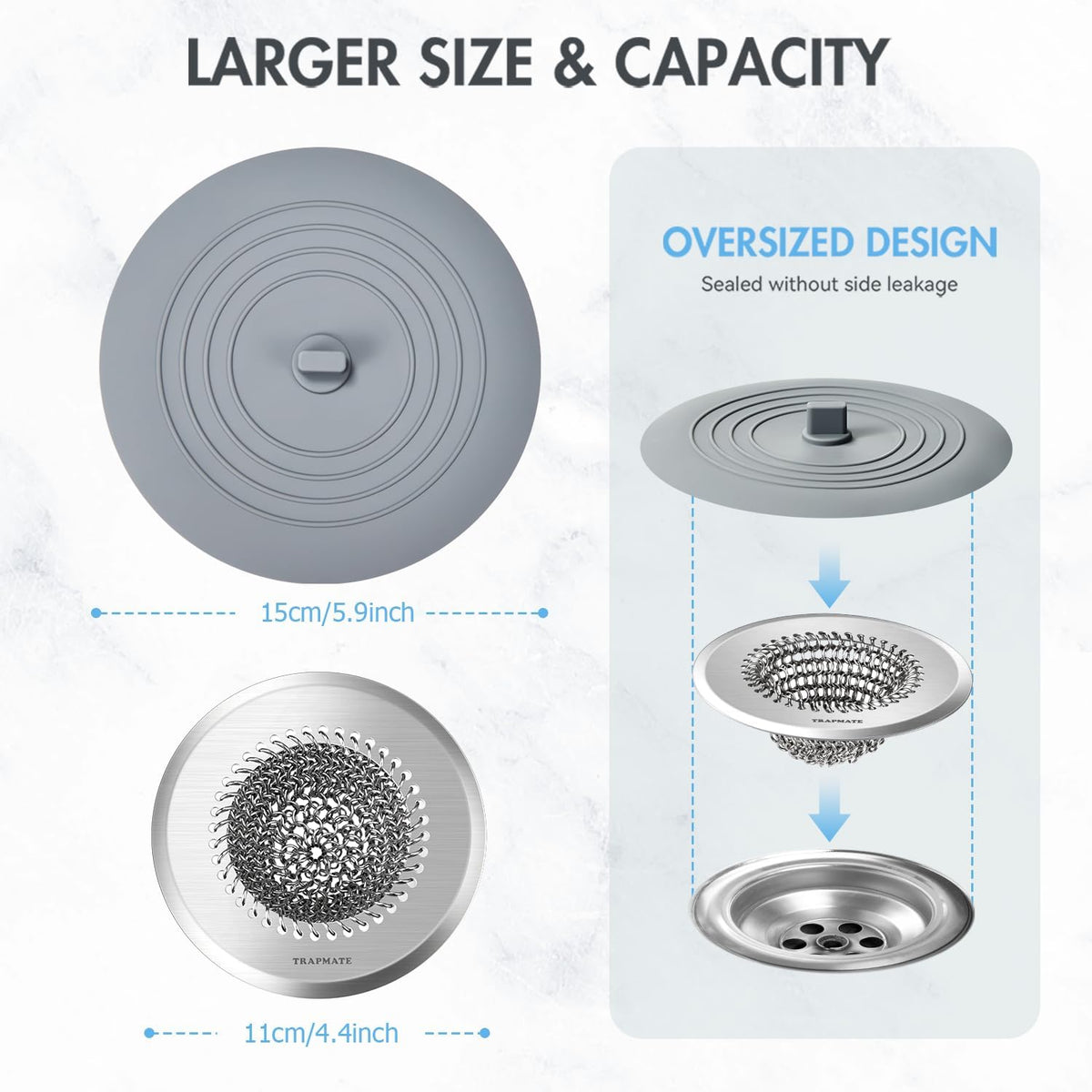 TRAPMATE Sink Drain Strainer, Easy Clean Kitchen Sink Strainer with Stopper, 304 Stainless Steel Sink Strainer Basket, Revolutionary Drain Stopper Kitchen Sink, Garbage Disposal Strainer for US Drain