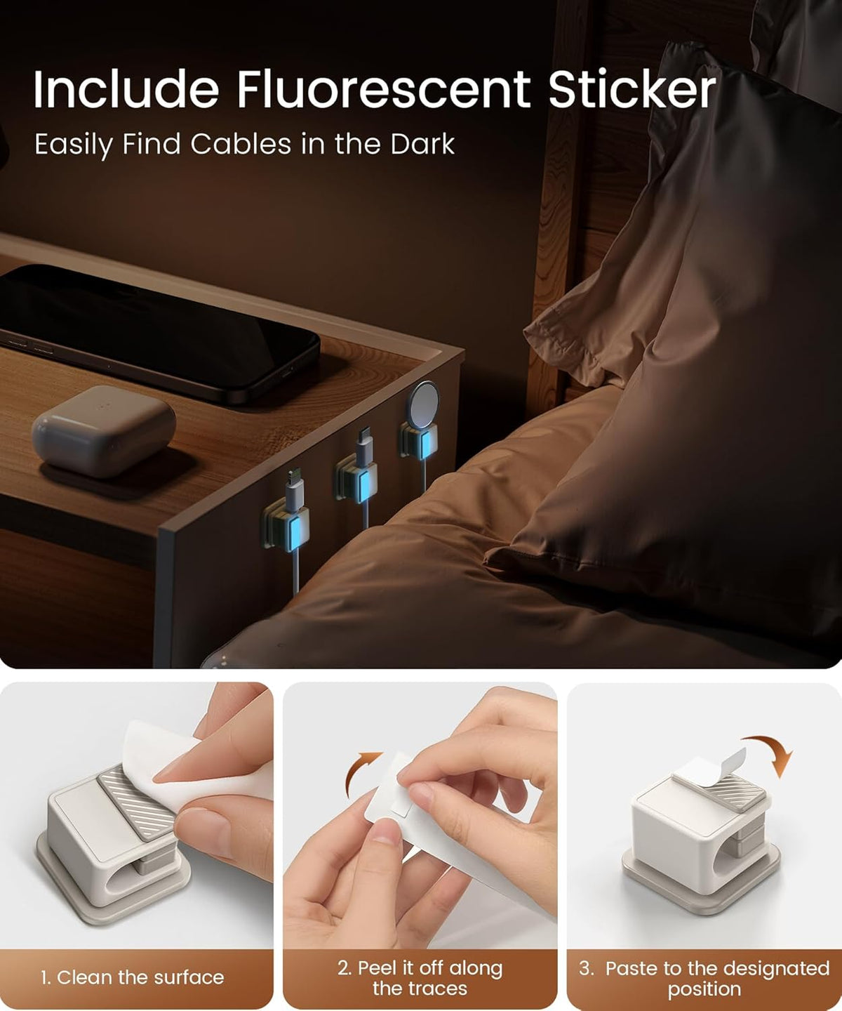 6 Pack Magnetic Cable Clips, Glow in The Dark Cable Holders, GolbinBox Cord Organizer with Shockproof Silicone, Fits up to 8mm Adhesive Cord Clips for Desk, Wall, Nightstand, Car, Home, Office, Stone