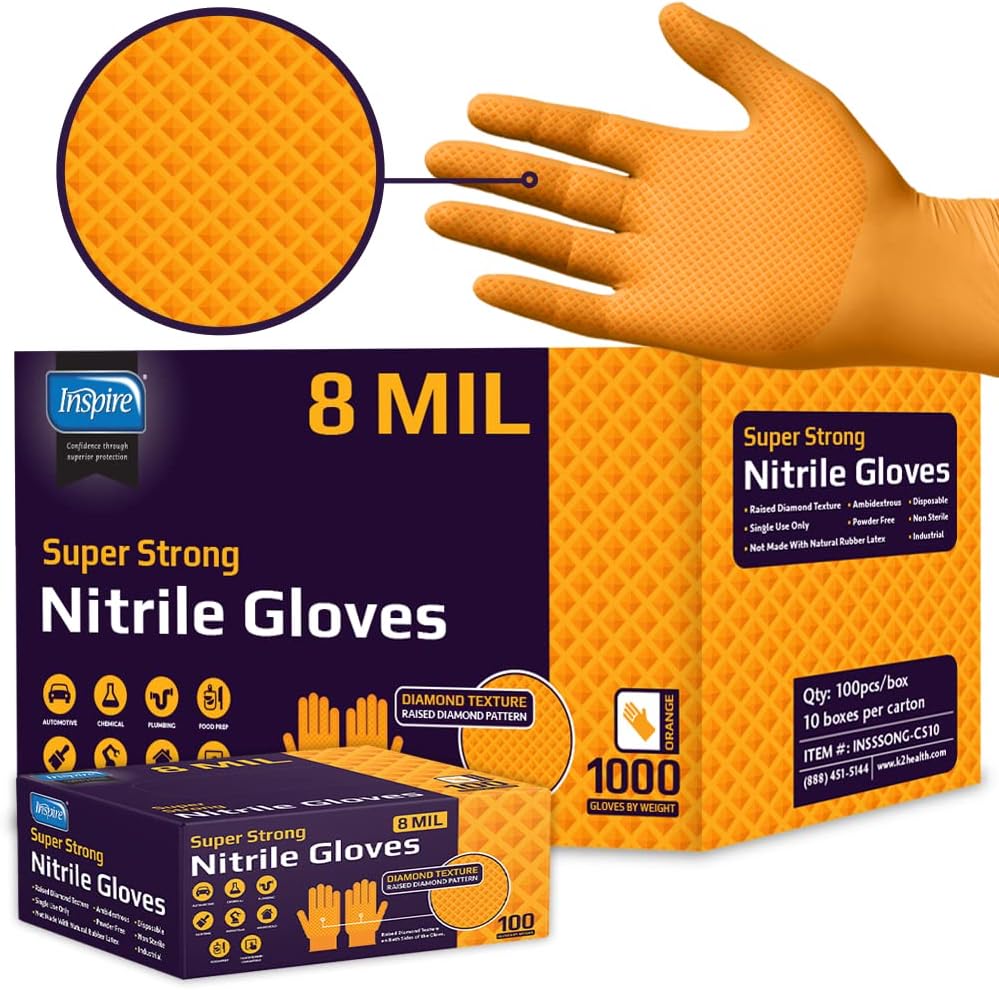 Inspire HEAVY DUTY ORIGINAL Stretch Nitrile Black Gloves Disposable Latex Free | Food, Mechanic, 6mil Black or 8 Mil Orange