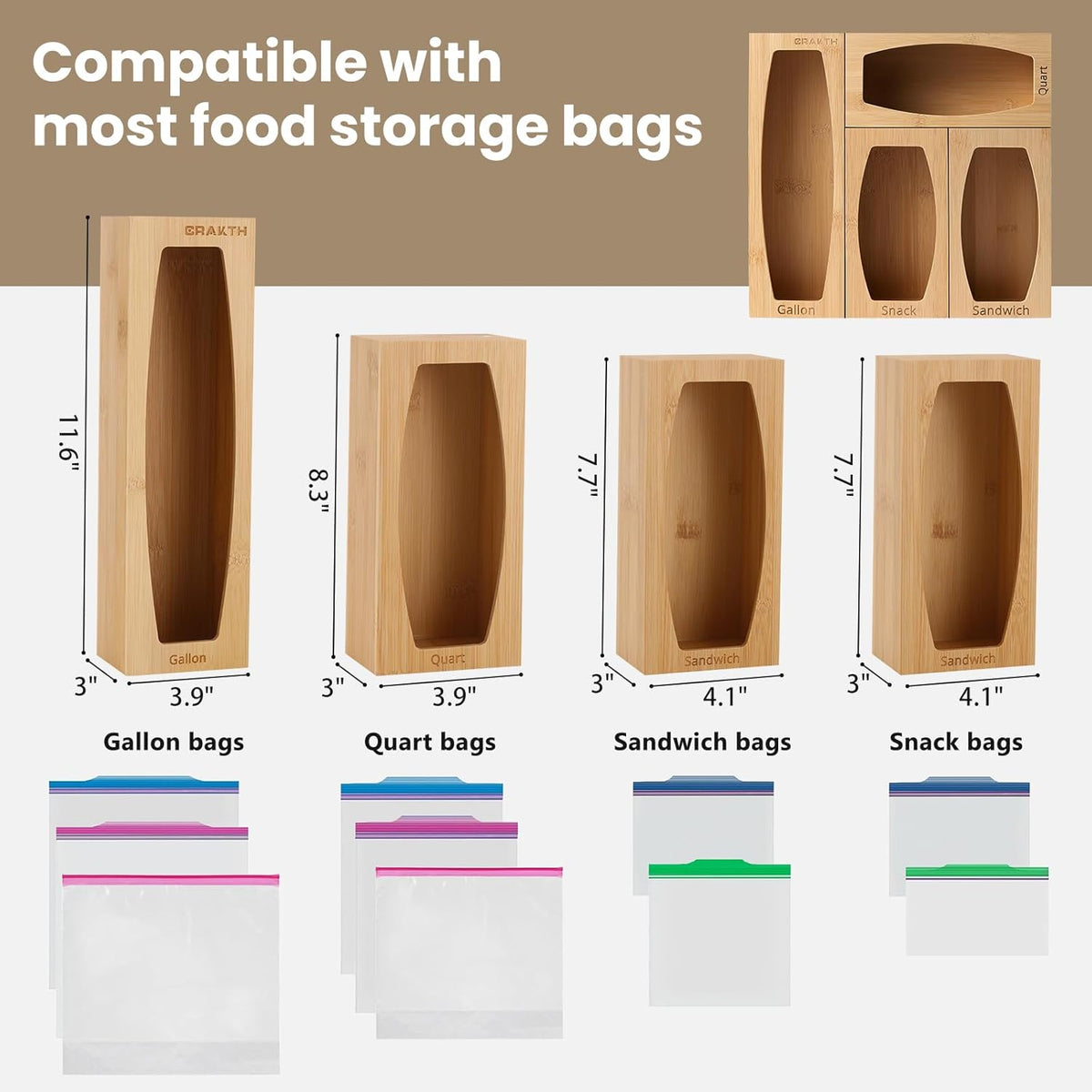 Bamboo Plastic Bag Storage Organizer for Kitchen Drawer, 4 Separate Baggie Organizer, Suitable for Gallon, Quart, Sandwich & Snack Variety Size Bag