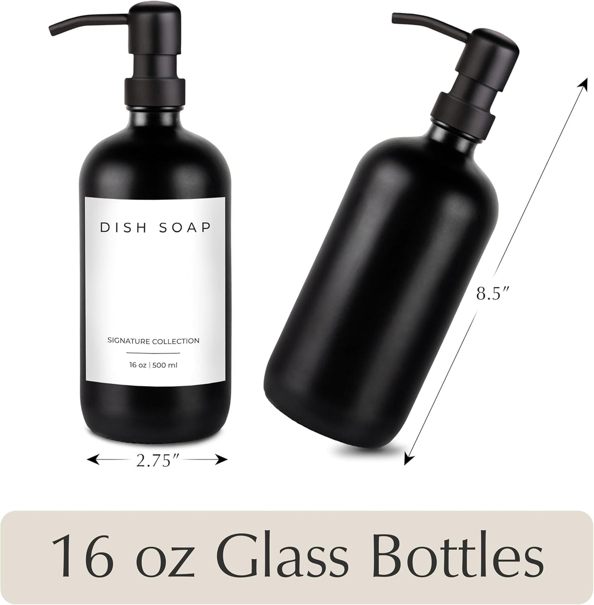 Emerson Essentials Soap Dispenser Set, Dish Soap for Kitchen, Bathroom Set - Hands and Dishes for Home, Farmhouse, Glass Soap Dispenser with Pump and Labels | 16 Oz, 2 Pack