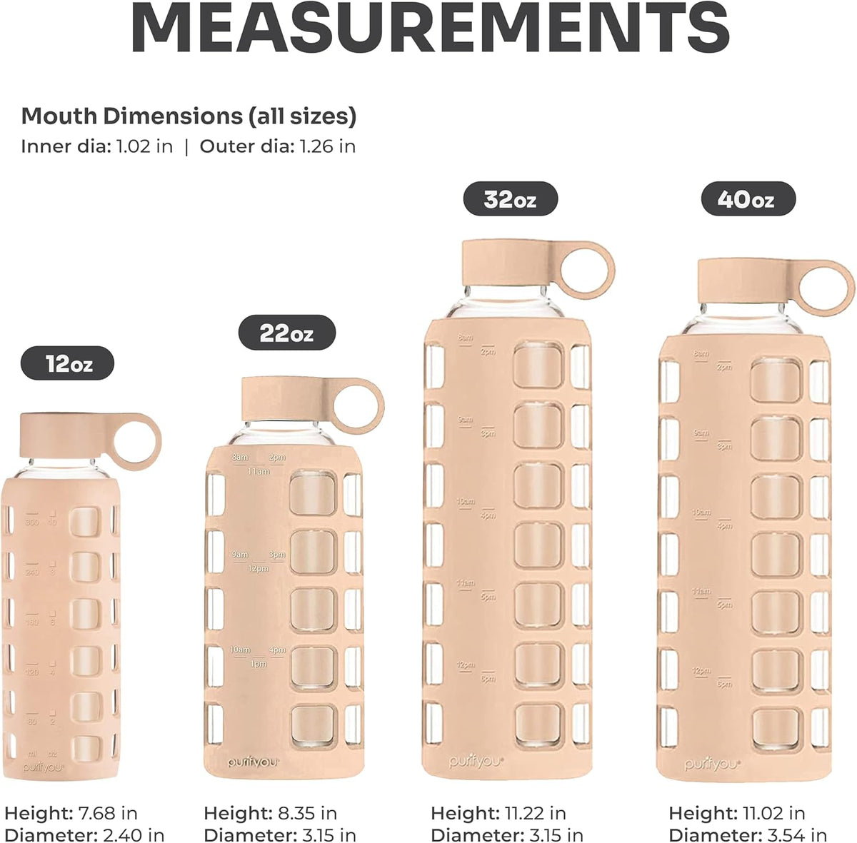 purifyou 40oz / 32oz / 22oz / 12oz Borosilicate Glass Water Bottle with Time & Volume Markers, Silicone Sleeve, Stainless Steel Lid – Reusable Glass Bottle for Water & Juice (22oz Hazelnut)