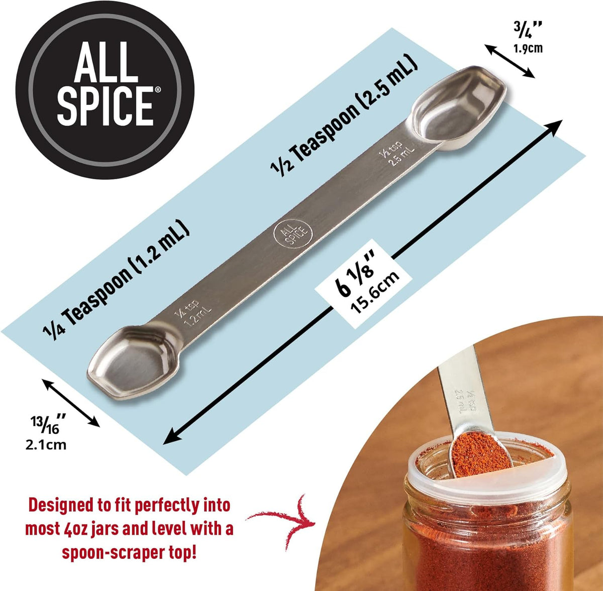 AllSpice Stainless Steel Double Sided Measuring Spoon- 1/2 Teaspoon and 1/4 Teaspoon