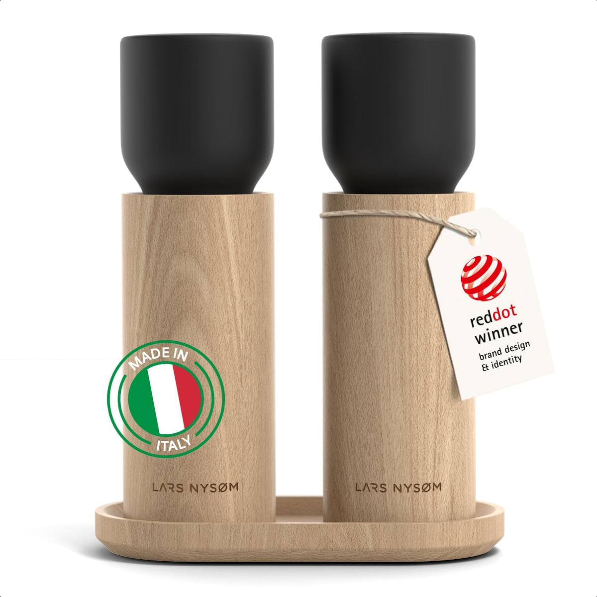 LARS NYSØM Wooden Salt and Pepper Grinder Set Manual with Tray - Salt and Pepper Mills with Adjustable Ceramic Grinder - Elegant Beechwood Pepper and Salt Mill Set for Dining Table (Carbon Black)