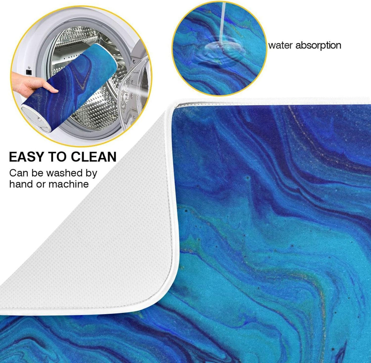 Super Absorbent Dish Drying Mat, Microfiber Fast-Drying Dish Mat, 16" x 18", Kitchen Dish Drying Pad, Navy Blue Gold Marble