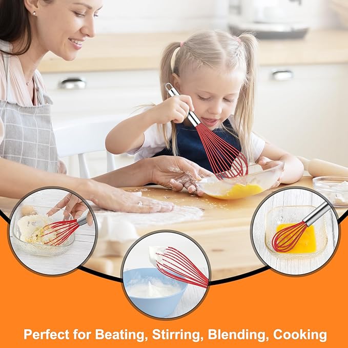 HOTEC 4 Pieces Silicone Whisks Set, Wire Balloon Whisks Egg Beater, Non-slip Handle Whisk for Non-stick Cookware Perfect for Cooking, Stirring, Beating and Blending (Red)