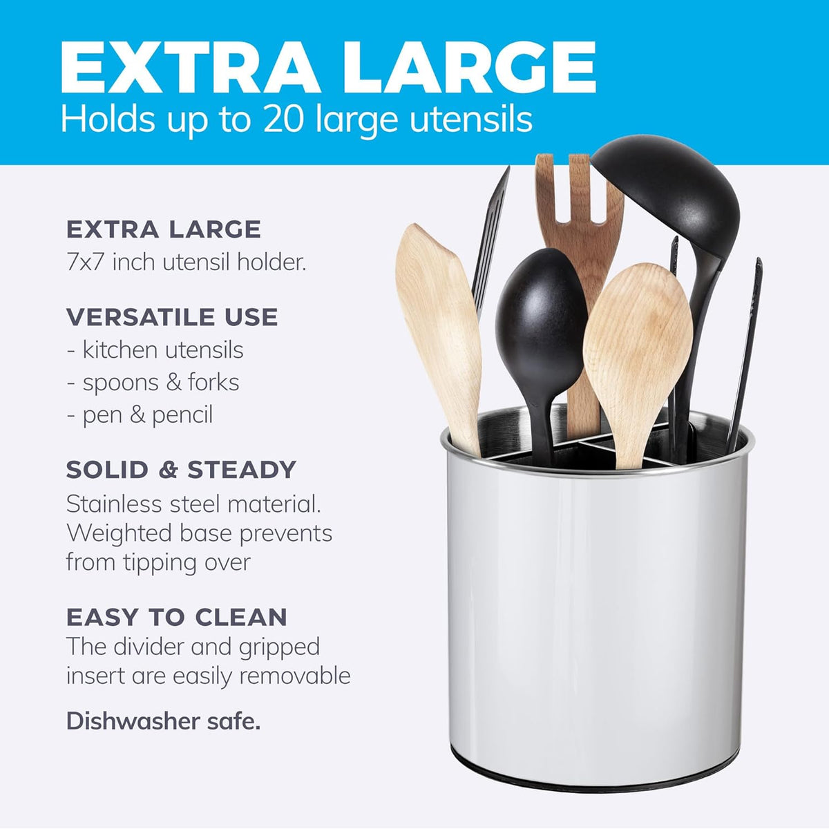 Rotating Extra Large Stainless Steel Utensil Holder Caddy with Sturdy No-Tip Weighted Base, Removable Divider, and Gripped Insert Bottom - Dishwasher Safe Metal Cooking Utensil Holder (White)