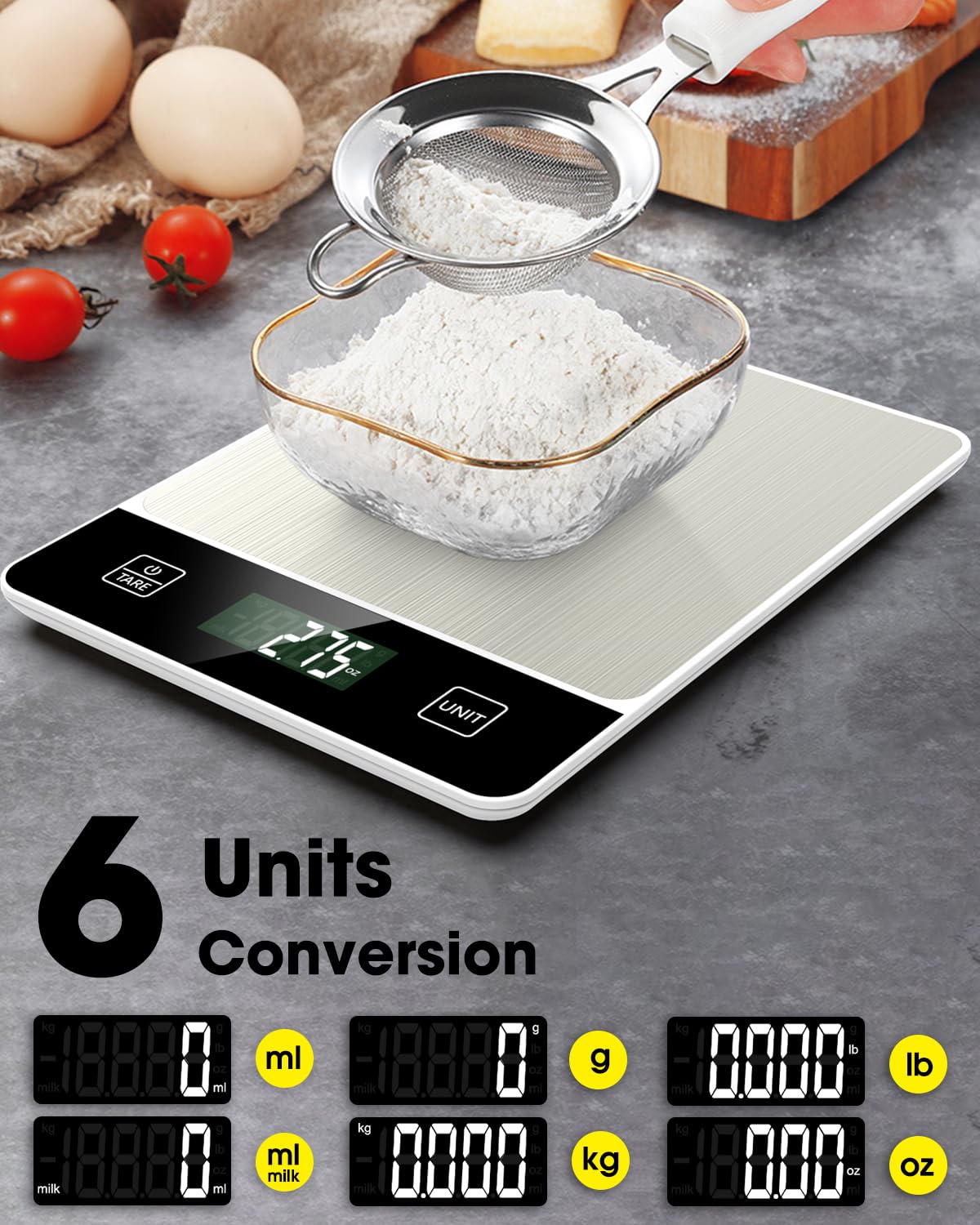 Mik-Nana Food Scale, 22lb/10kg Digital Kitchen Scale Weight Grams and Oz for Baking Cooking Coffee Meal Prep Package Postage, 6 Units with Tare Function, 1g/0.04oz Precise Graduation (White)