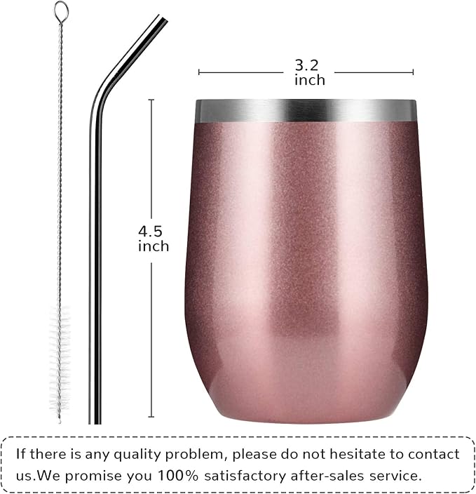 MEWAY 12oz/4 Pack Wine Tumbler Glasses with Lid - Stemless Double Wall Vacuum Stainless Steel Travel Tumbler - Keeping Cold & Hot for Wine,Coffee,Cocktails,Gifts (Rose gold,Set of 4)