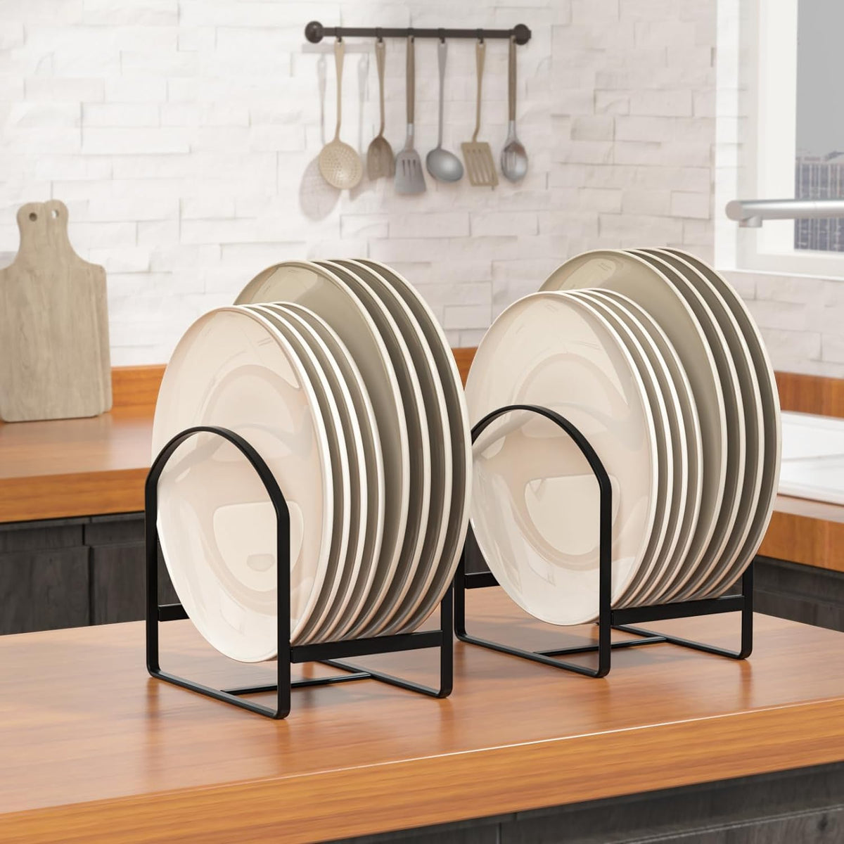 LINFIDITE 2 Pack Kitchen Plate Holder Organizer for Cabinet Space Saver Dinner Plate Storage Rack Upright Dish Drying Racks Metal Dish Stand for Cupboard Countertop Rustproof Black (1 Large 1 Small)