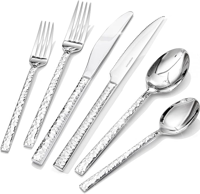 KINGSTONE 48 Piece Silverware Set with Steak Knives, Hammered Silverware Set for 8, 18/10 Stainless Steel Flatware, Cutlery Set for Home, Party, Wedding, Mirror Polished Dishwasher Safe