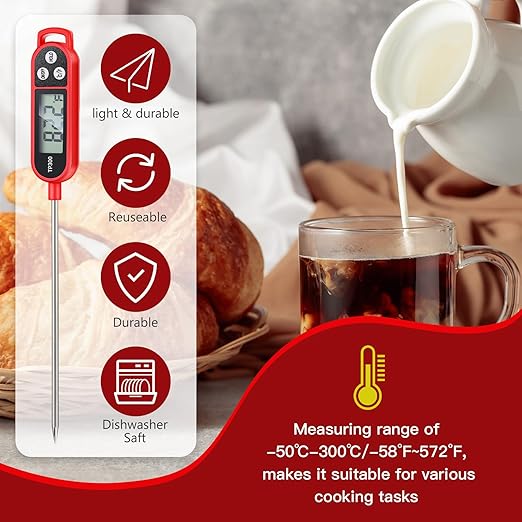 6 Pcs Meat Thermometer Food Thermometer with Probe Water Liquid Instant Read Digital Thermometer Cooking Thermometer Supplies BBQ Kitchen Thermometer for Cooking Milk Yogurt (Red)