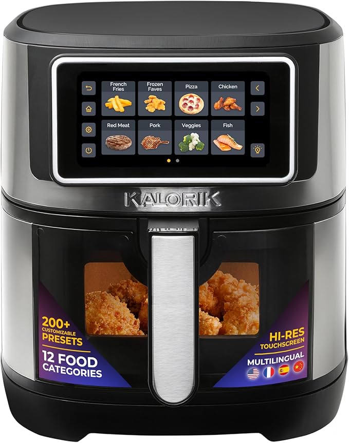 Kalorik Air Fryer VIVID TOUCH Series 5 Quart Capacity with High-Resolution Touchscreen 202 Cooking Presets in 12 Food Categories with View Window, 1500-Watts, Stainless Steel