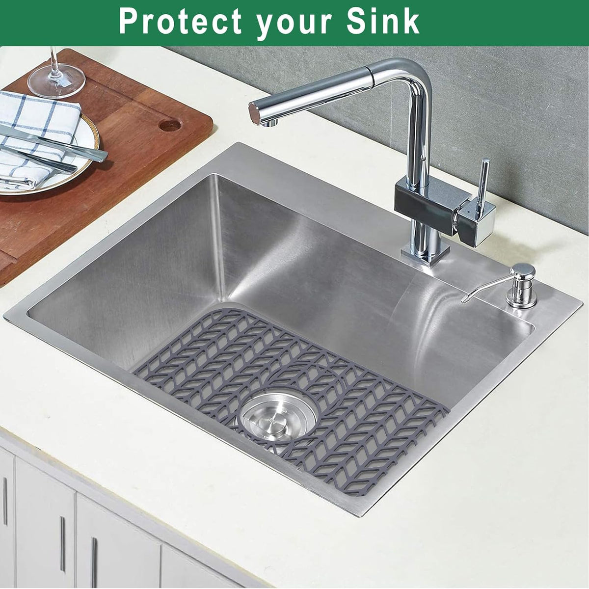 GUUKIN Sink Protectors for Kitchen Sink 19x13 & 24x12.5 & 13x11 & 26x14 & 28x14 & 29x15, Large Silicone Mats Grid for Bottom of Farmhouse Stainless Steel (19x12.5 with 3 Reserved Holes)