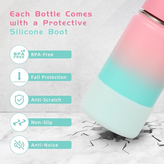 Volhoply 14oz KIds Water Bottle with Straw Lid and Silicone Boot Bulk 6 Pack,Stainless Steel Insulated Cups for Boys & Girls Multipack,Double Wall Vacuum Leakproof Bottles(Pink Green,6)