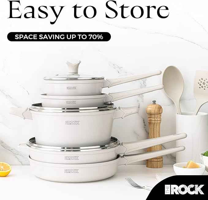 THE ROCK SOHO 15Pcs Ceramic Cookware Set – Non toxic Pots and Pans Set Non Stick with ROCK.TEC – Nothing Sticks, Never Warps, Lasts Longer, PTFE PFOA & PFAS Free, Induction & Dishwasher Safe, Cream