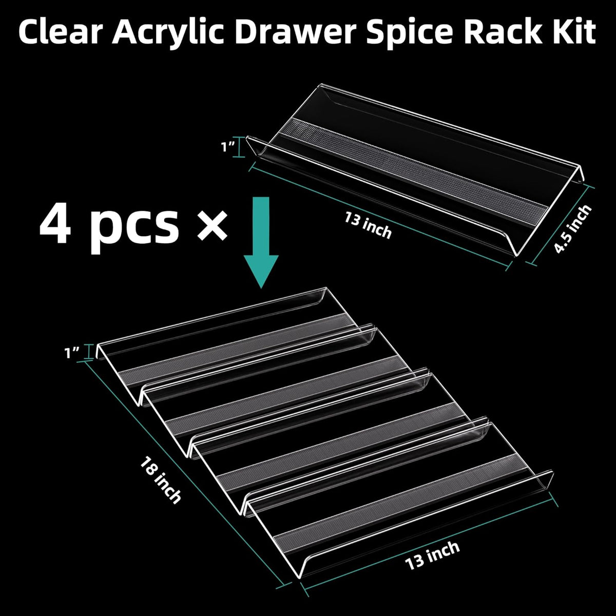MIUKAA Acrylic Spice Drawer Organizer, 2 Tier - 4 Pack Seasoning Organizer for Drawer, Expandable From 13" to 26" Kitchen Drawer Spice Rack with Slip-Proof Mat (Jars not Included)