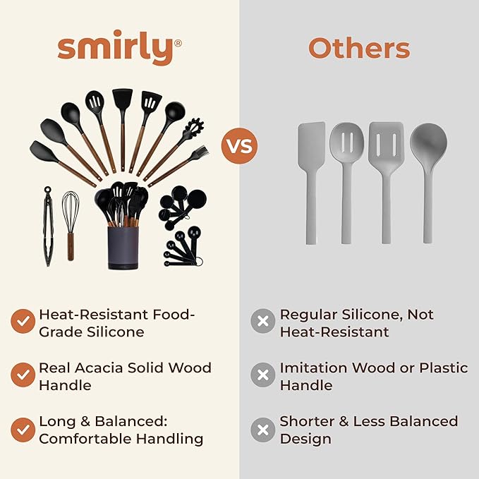 SMIRLY Kitchen Utensils Set – 22-Piece Silicone Cooking Utensils Set, Spatula Set with Holder, Wooden Handle Silicone Kitchen Gadgets for Nonstick Cookware