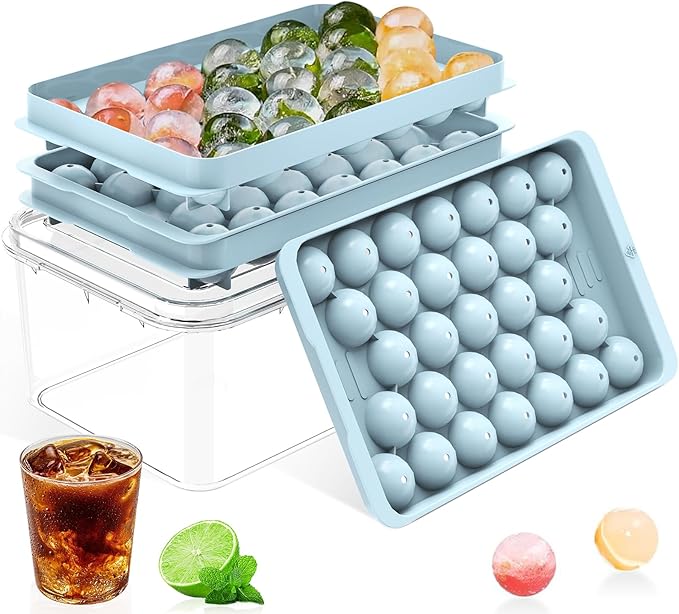 Ice Cube Tray with Lid and Bin – Round Ice Cube Trays for Freezer, BPA-Free Food-Grade Ice Mold, Stackable Ice Ball Maker, Iced Bucket Kits, Circle Ice Tray for Cocktails, Whiskey, Coffee, and Drinks