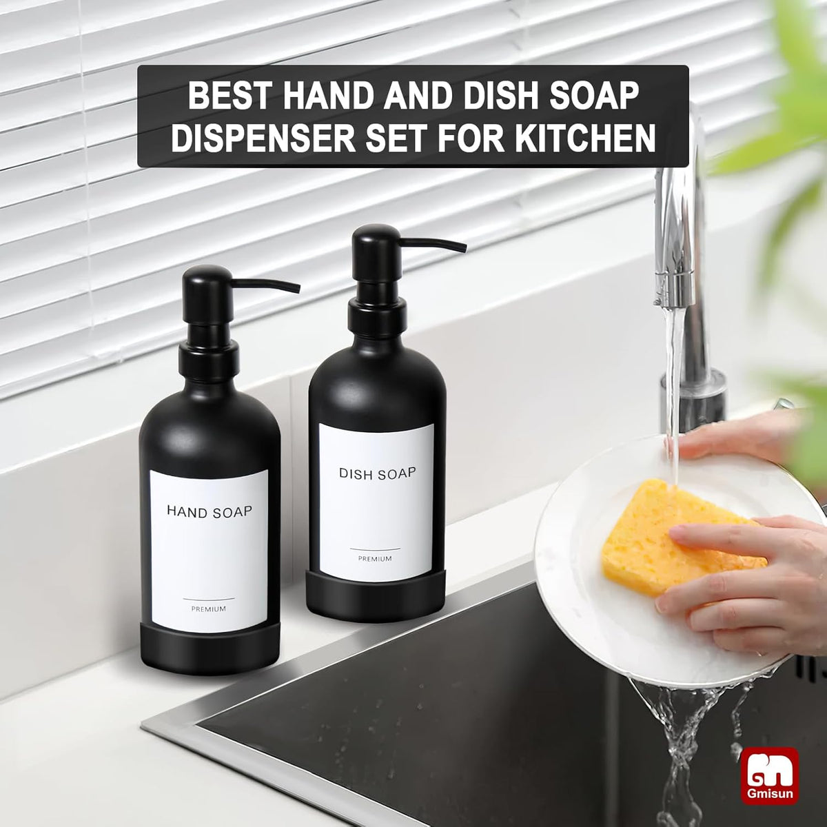 GMISUN Black Soap Dispenser with Silicone Sleeve Boot, 2 Pack Glass Bathroom Hand Soap Dispensers with Stainless Steel Pump, 17 Fl Oz Kitchen Hand and Dish Soap Dispenser Set, Liquid Dispensers Bottle