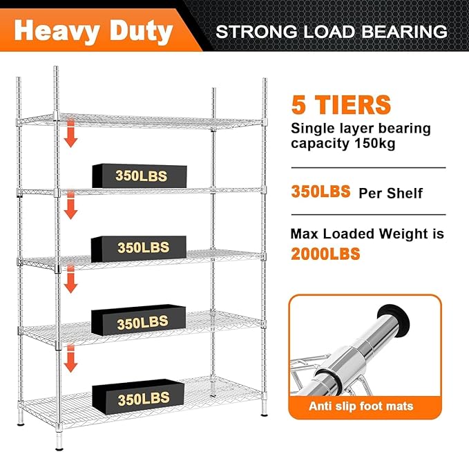 Land Guard 5 Tier Adjustable Metal Storage Shelves Heavy Duty, Chrome Garage Storage Racks and Shelving with 350 Pounds Per, Wire Shelves for Closets, Repository, Kitchen (5-Tier, 72" H×48“L×16”W)