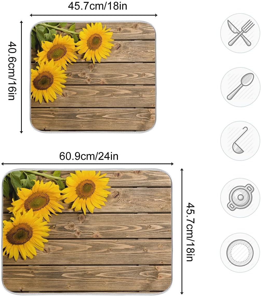 Super Absorbent Dish Drying Mat, Microfiber Fast-Drying Dish Mat, 24" x 18", Kitchen Dish Drying Pad, Sunflowers On The Wooden
