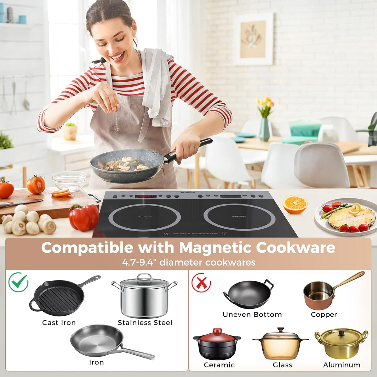 CAMPLUX RV Induction Cooktop 2 Burners 1800W, Electric Cooktop 120V Plug in, Portable Induction Stove with Sensor Touch, Timer, Safety Lock, Countertop/Built-in for RV, Mini Kitchen or Apartments