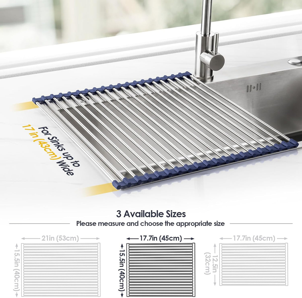 Tomorotec 17.7" x 15.5" Roll Up Dish Drying Rack Over Sink Drying Rack Sink Cover Kitchen Sink Accessories Gadget Multipurpose Organizer Foldable Stainless Steel Drainer