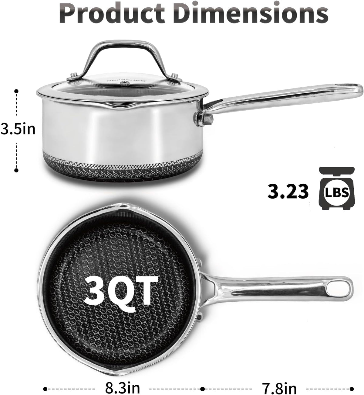 Hybrid Nonstick 3 QT Saucepan with Lid, Stainless Steel Honeycomb Pot with Two Pour Spouts,Compatible with All Cooktops,Dishwasher and Oven Safe