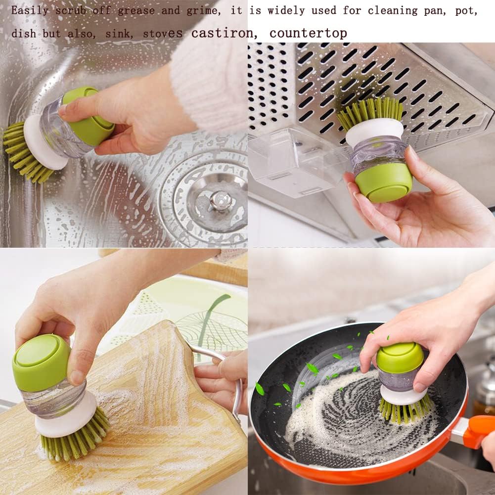Dish Brush with Soap Dispenser, Dishwashing Kitchen Scrub Brushes Dish Scrubber with Holder Drip Tray, for Cleaning Pan, Pot, Sink(Grey)