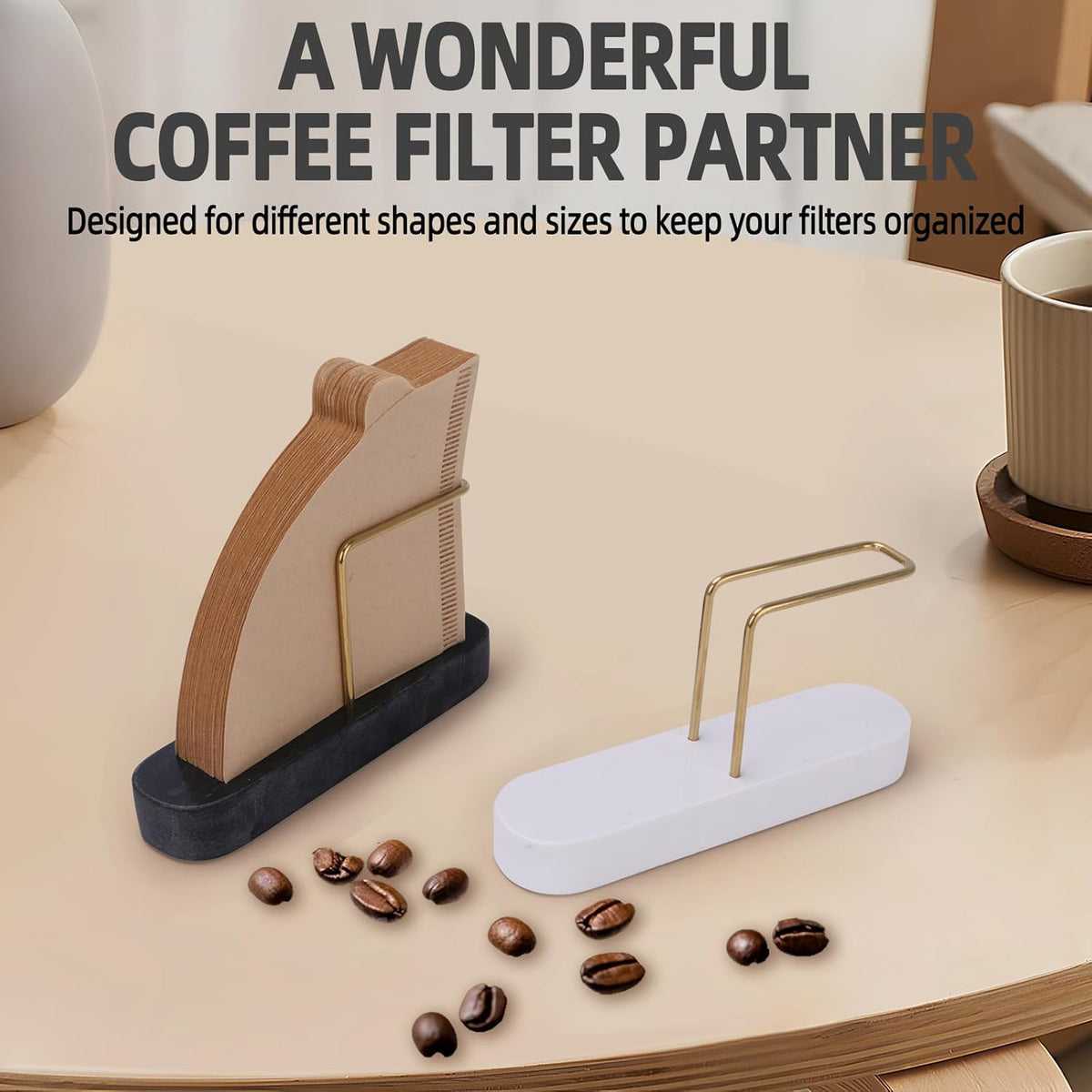 Coffee Filter Holder, Marble & Brass Cone Coffee Filters Holder Organizer Station, Stand Accessories for V60 Filters Size #01, #02 & #04, Thick and Anti-slip (Black)