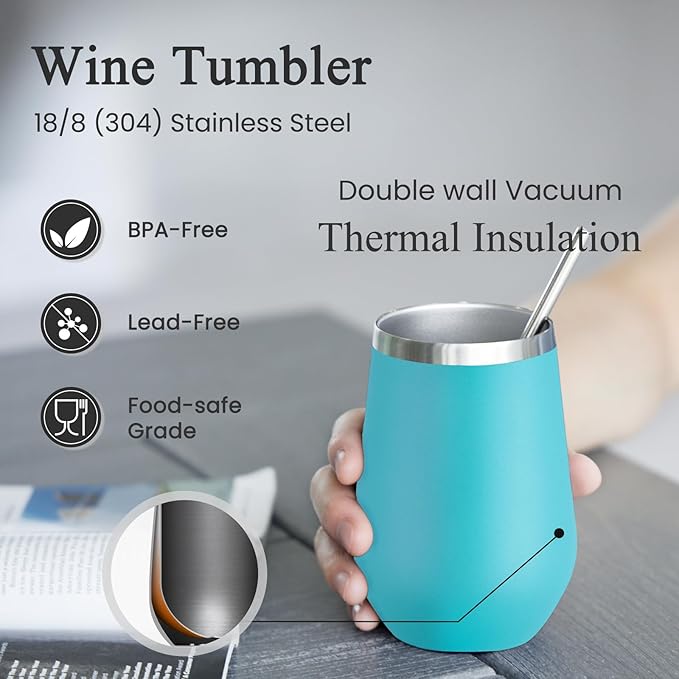 MEWAY Stemless 12oz Insulated Wine Tumbler with Lid and Straw - Double Wall Stainless Steel Thermal Cup for Hot and Cold Drinks, Ideal for Bridal and Baby Shower Game Prizes(Light Green,Set of 12)