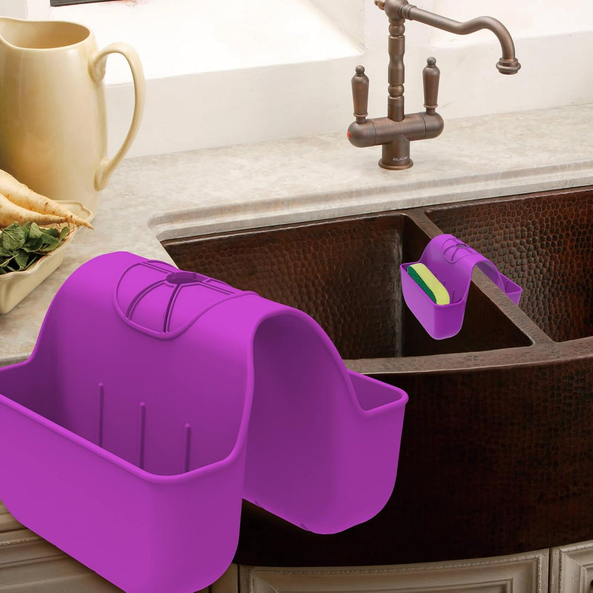 Sponge Holder for Kitchen Sink, Silicone Sink Saddle Caddy Organizer Rack, Sponges Holder Over Faucet, Hanging Kitchen Organizer Accessories Rack Basket Purple
