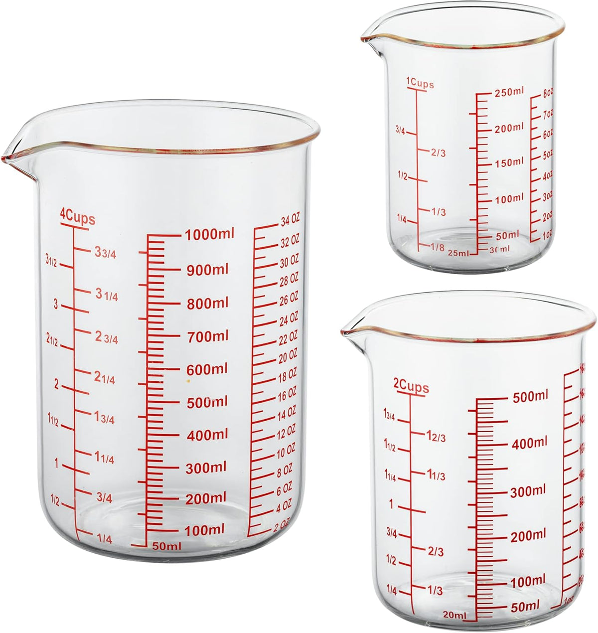 High Borosilicate Glass Measuring Cup Set-V-Shaped Spout，Includes 250ml(8OZ), 500ml(16OZ), and 1000ml(32OZ) Glass Measuring Beaker for Kitchen or Restaurant, Easy to Read