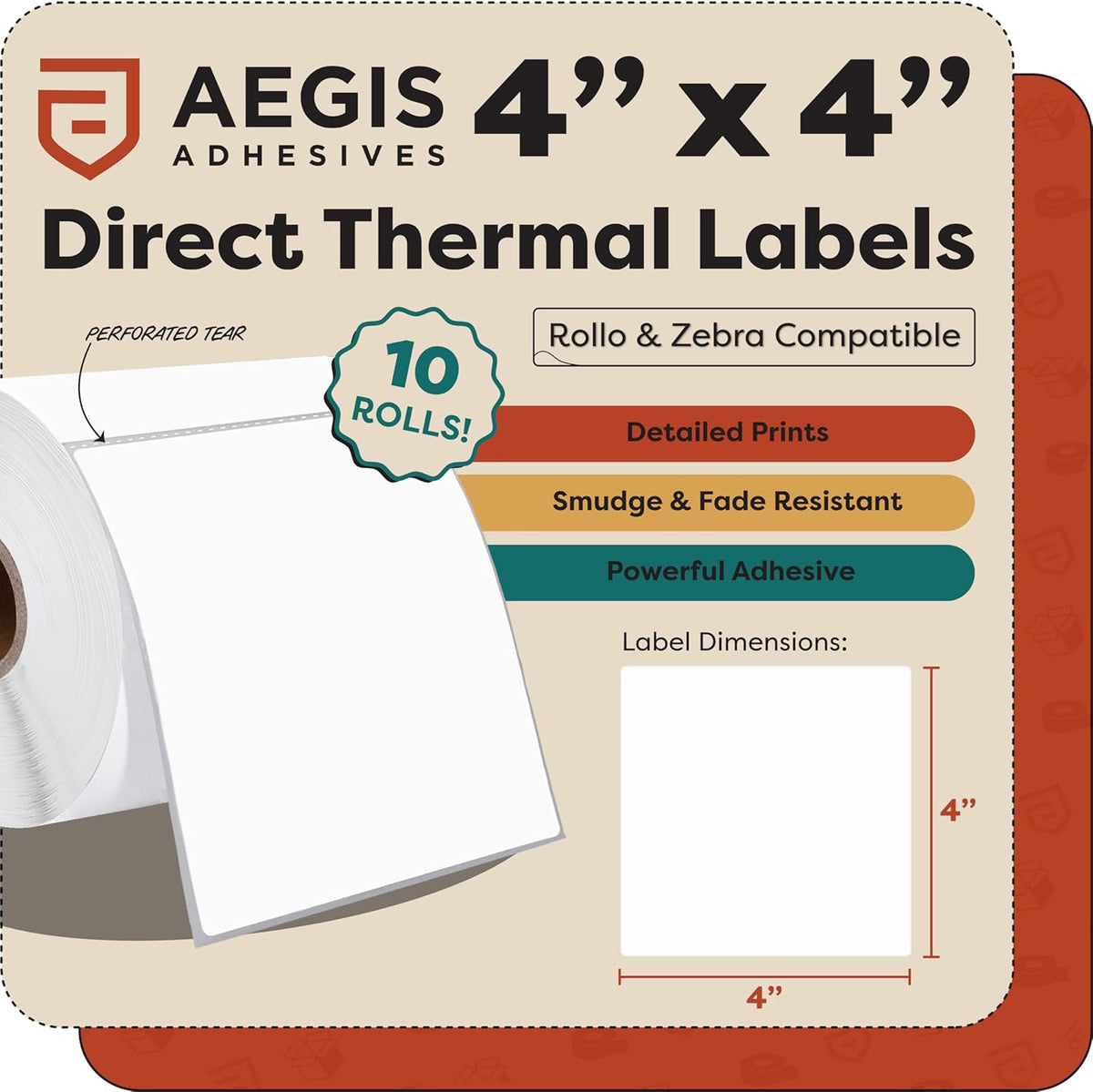 Aegis Adhesives - 4" X 4" Square Direct Thermal Labels Compatible with Rollo, Zebra, and Other Desktop Label Printers (10 Rolls, 350/Roll)