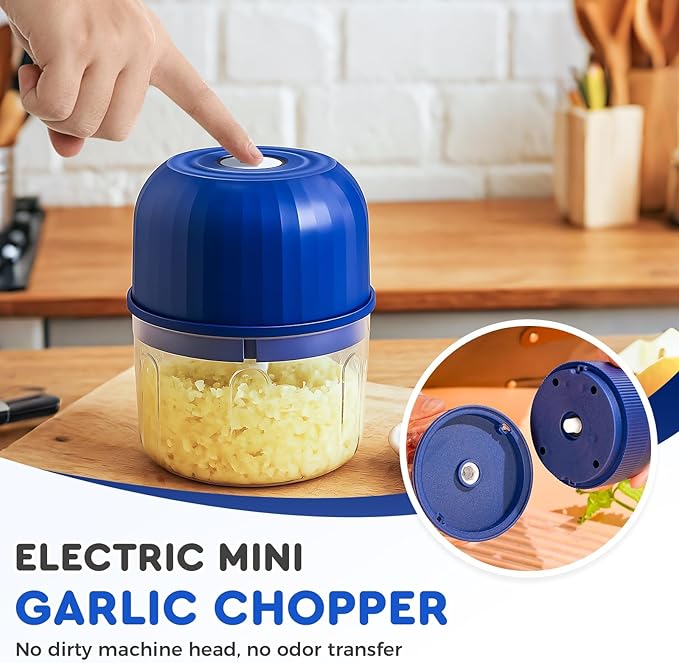 Electric Garlic Chopper, Mini Portable Veggie Chopper Garlic Grinder Onion Choppers, Wireless Electric Food Chopper Tool for Mashing Onion, Garlic, Chili, Ginger (Light Green + Blue)