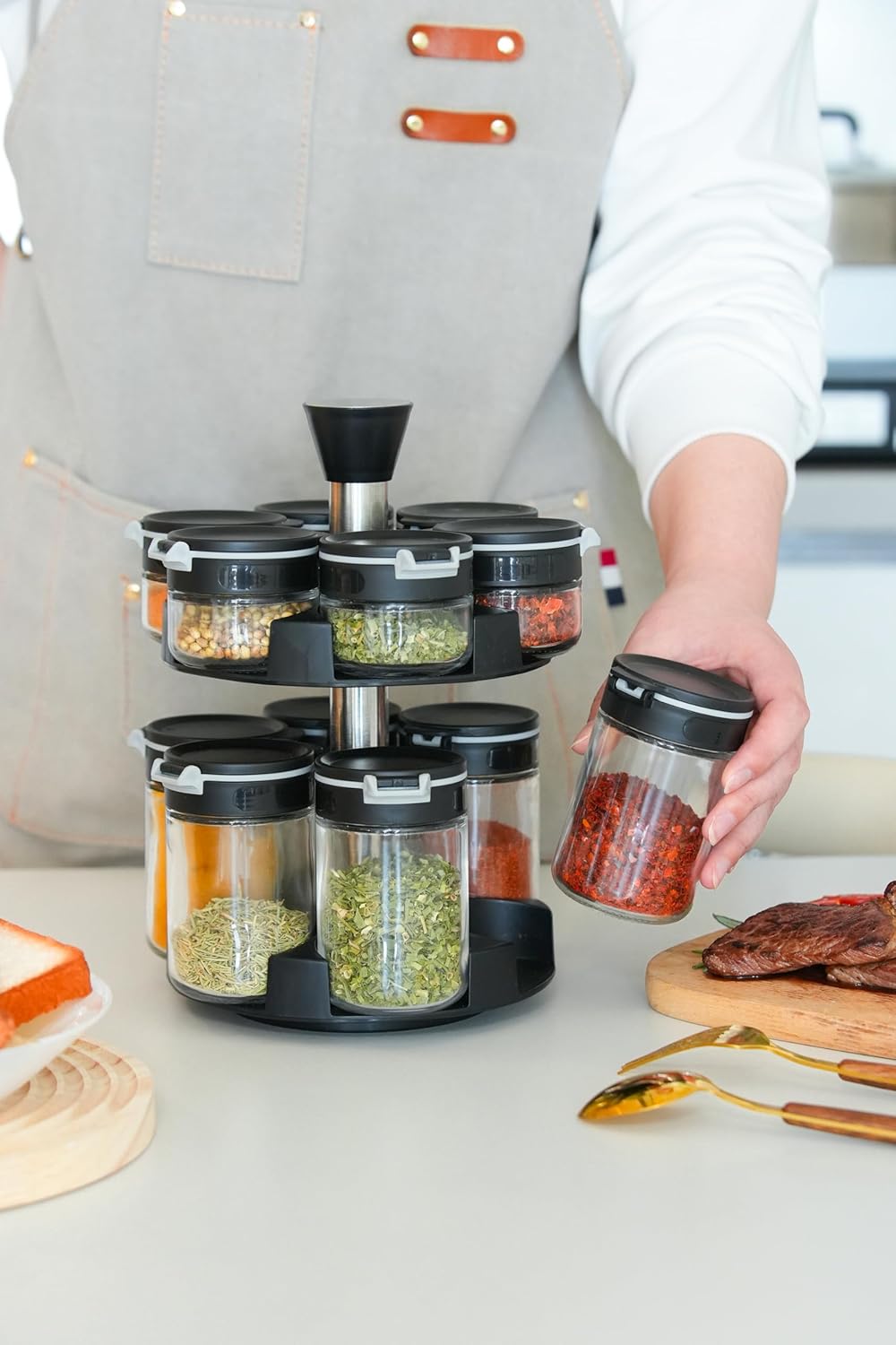 360 rotating 2 tier jars spice rack (6 small 6 large spice jars) Revolving Seasoning Organizer. Spinning Spice Rack for Counter top and Cabinet WITH Custom Label Stickers.
