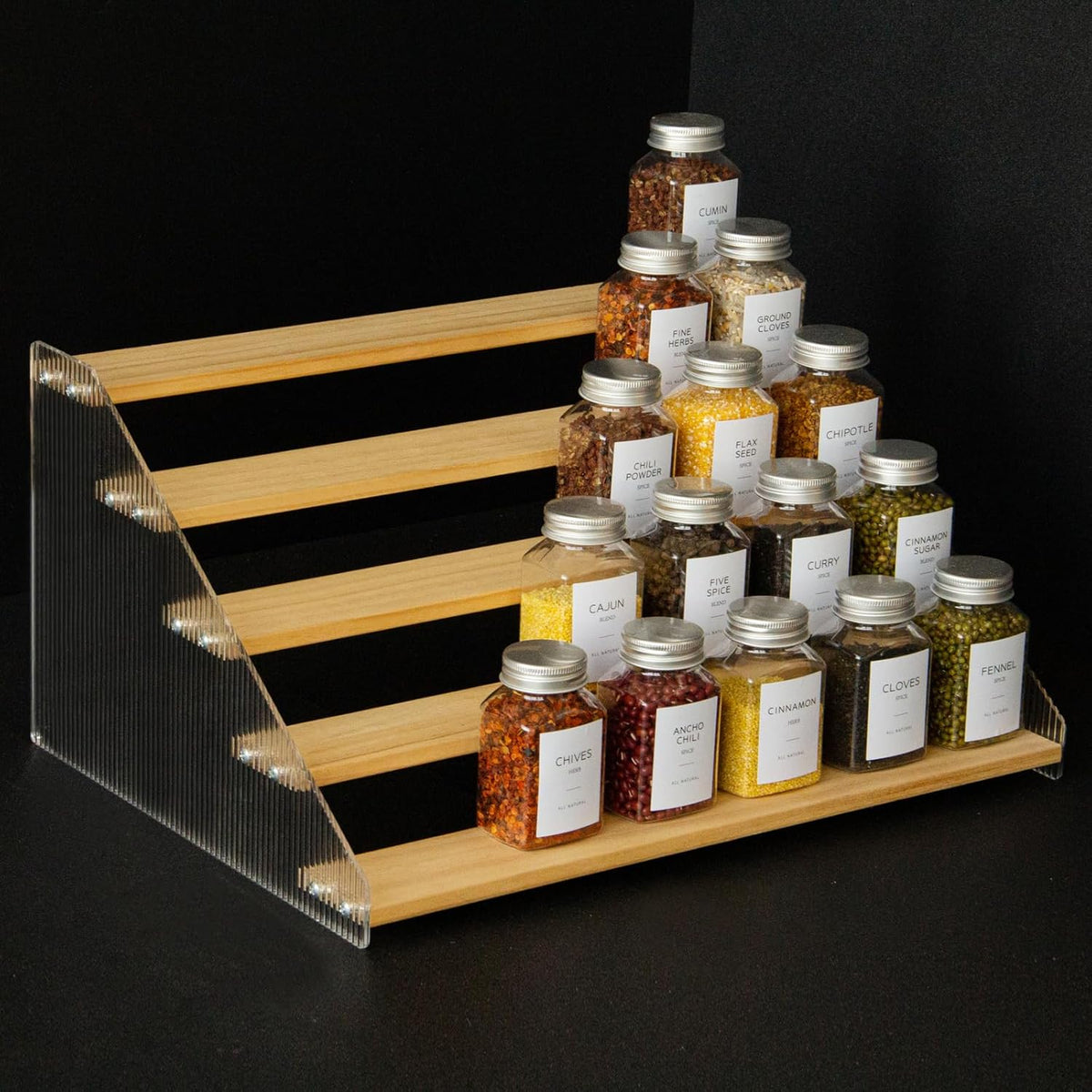 nianfeng Tiered Spice Rack, 5-Tier Spice Pantry Kitchen Cabinet Organizer, 16-Inch, Natural Wood Acrylic Stair Riser Stand, Countertop Seasoning Shelf