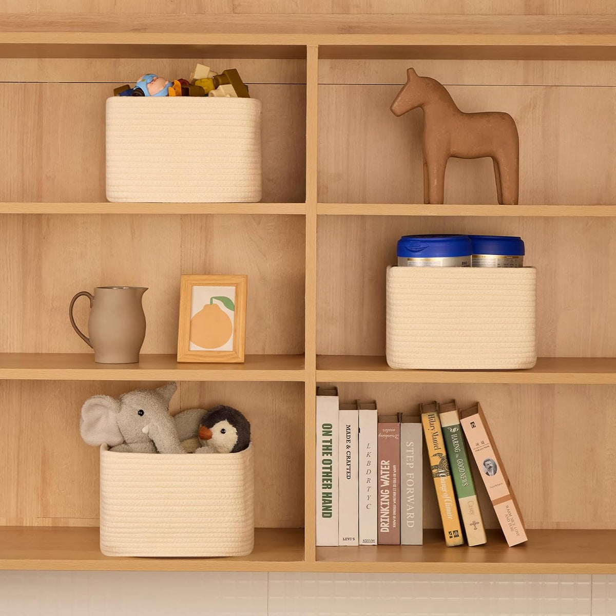 Small Organizing Baskets for Cubes Shelf, 9.7x9.7x7.1 Inch Rope Woven Storage Bins for Nursery Shelves Storage, Cute Toy Basket, Square 3 Packs Beige