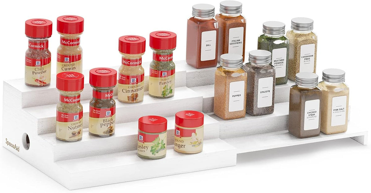 SpaceAid Bamboo Spice Rack Organizer for Cabinet, Kitchen Pantry Spices Storage Rack for Cabinets Organization, Home Seasoning Tiered Can Goods Racks Wood Shelf Organizers (4 Tier, White)