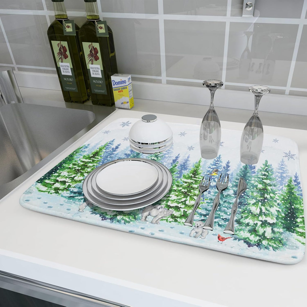 Winter Bear Bird Dish Drying Mat - Welcome Christmas Snowflake Drying Pad for Counter Forest Wildlife Dish Drainer Mat Cabin Animal Kitchen Accessories 18 x 24 Inch