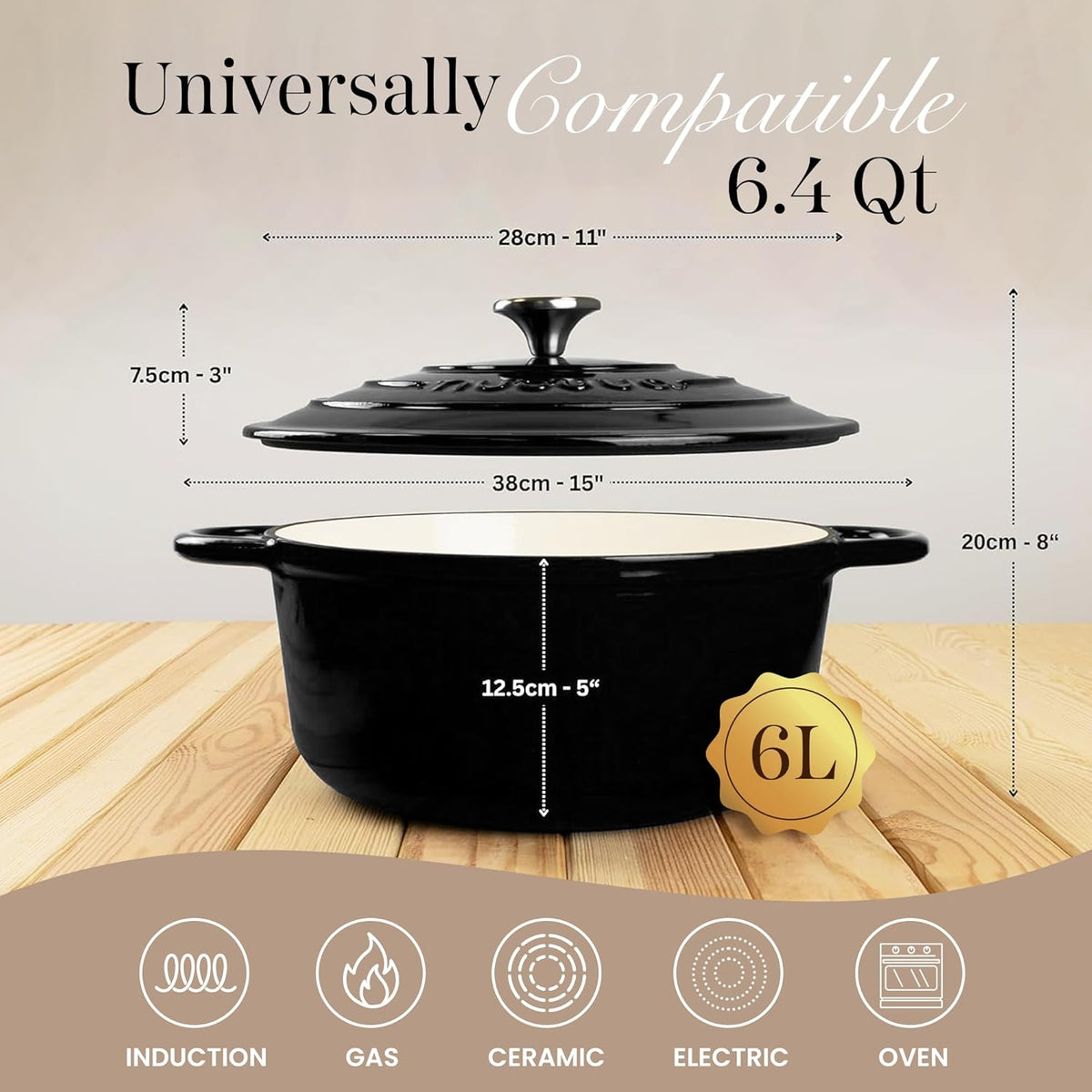 Nuovva Enamelled Cast Iron Dutch Oven Pot with Lid – 6.4 Quart Non Stick Casserole Pot – Heavy Duty & Oven Safe up to 500° F for Bread Baking, Braising, Stews, Roasting – 28cm Black