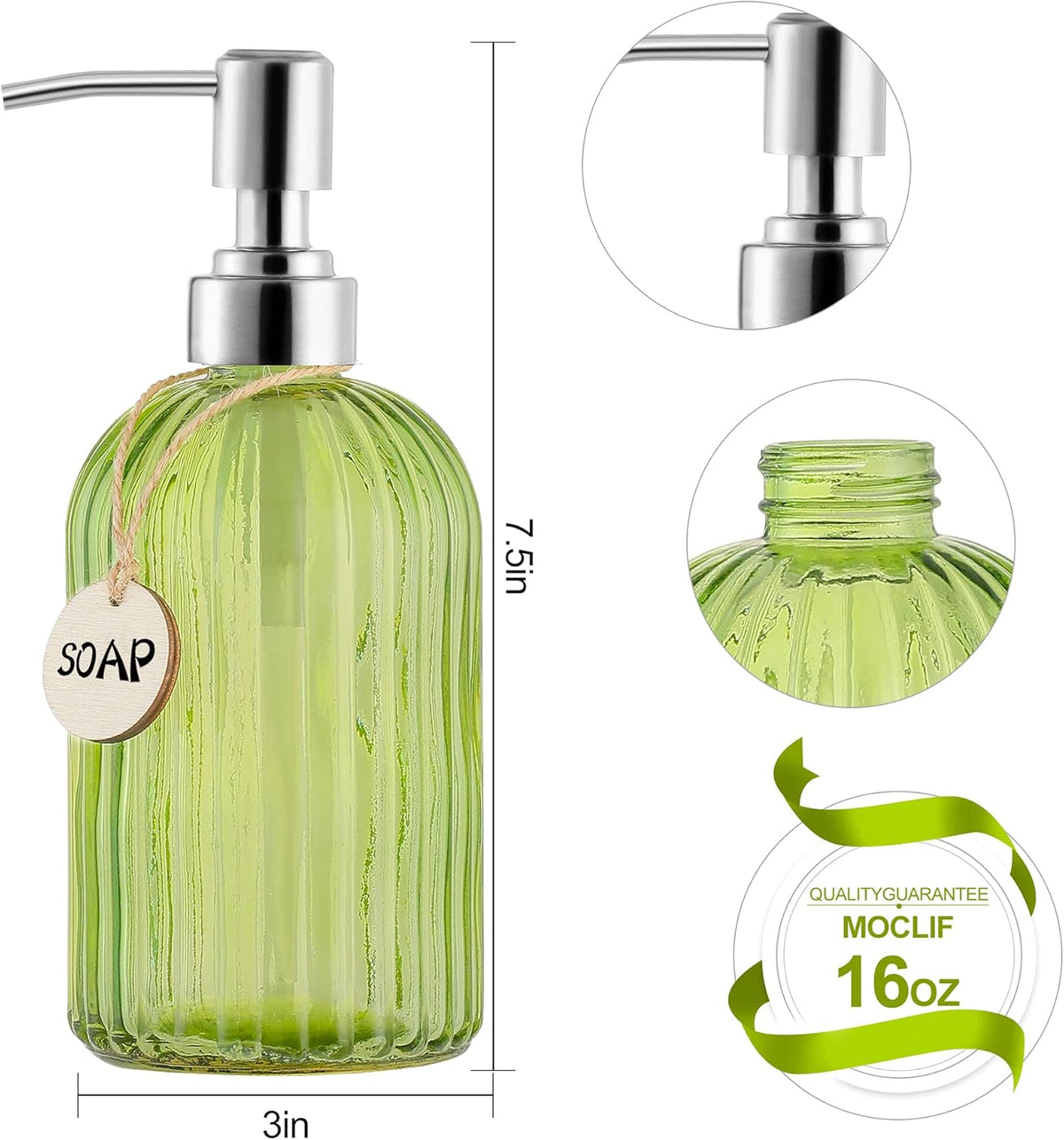 16 OZ Soap Dispenser，Tempered Glass Clear Vertical Stripe with 304 Rust Proof Stainless Steel Pump Refillable Liquid Hand Soap Dispenser，for Bathroom, Kitchen, Dish Soap，Lotion (Green)