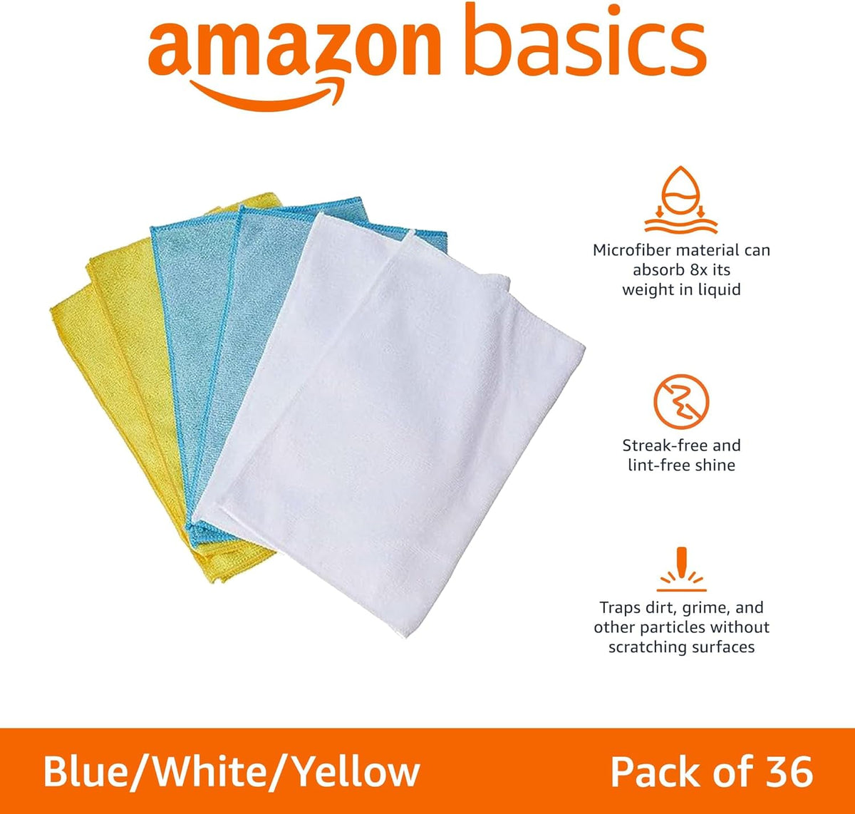 Amazon Basics Microfiber Cleaning Cloths, Non-Abrasive, Reusable and Washable, Pack of 36, Blue/White/Yellow, 16" x 12"