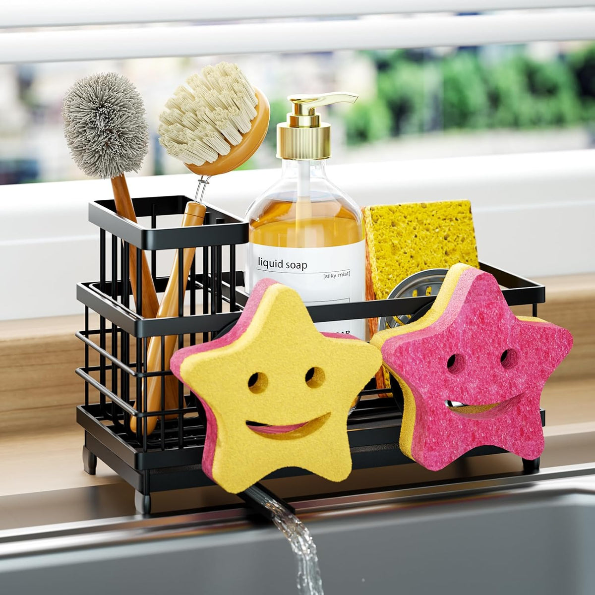 HapiRm Sink Caddy Sponge Holder - Self-draining Kitchen Sink Organizer with Smiley Face and Brush Holder, Stainless Steel Kitchen Sponge Caddy for Countertop - Black