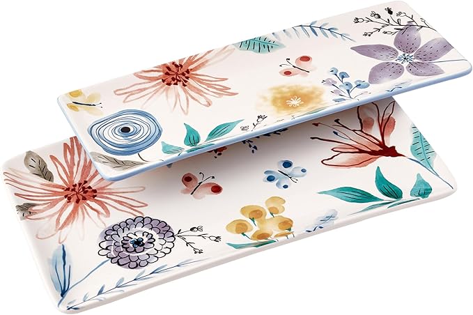 Bico Blossom Symphony Ceramic 14 inch Rectangular Serving Platter, Set of 2, for Serving Salad, Pasta, Cheese, Ham, Appetizer, Microwave & Dishwasher Safe